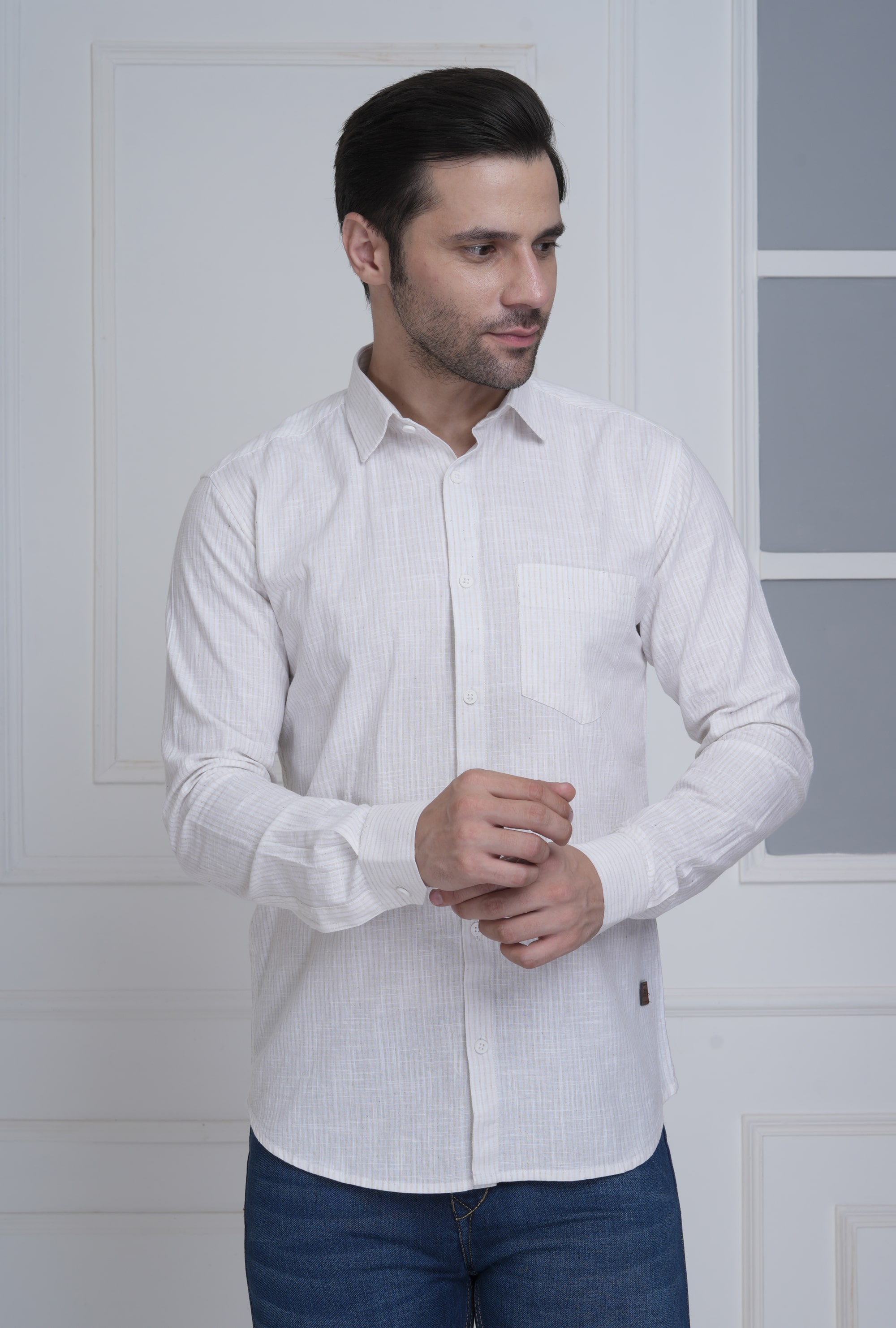 Quiddict soft beige textured striped men's shirt